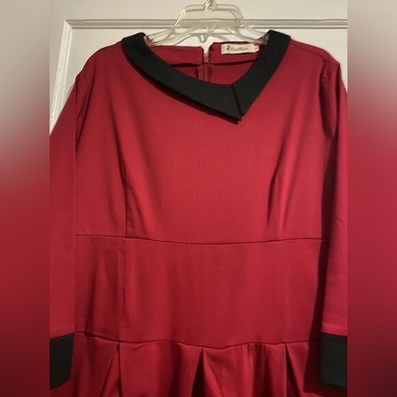 ReoRia Scarlet Red 50s Vintage Long Sleeve Large Pleated Dress - Picture 3 of 10